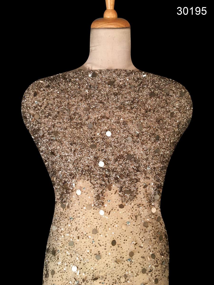 #30195 Glimmering Grace: Hand-Beaded Fabric Exuding Grace with Glowing Beads and Sequins