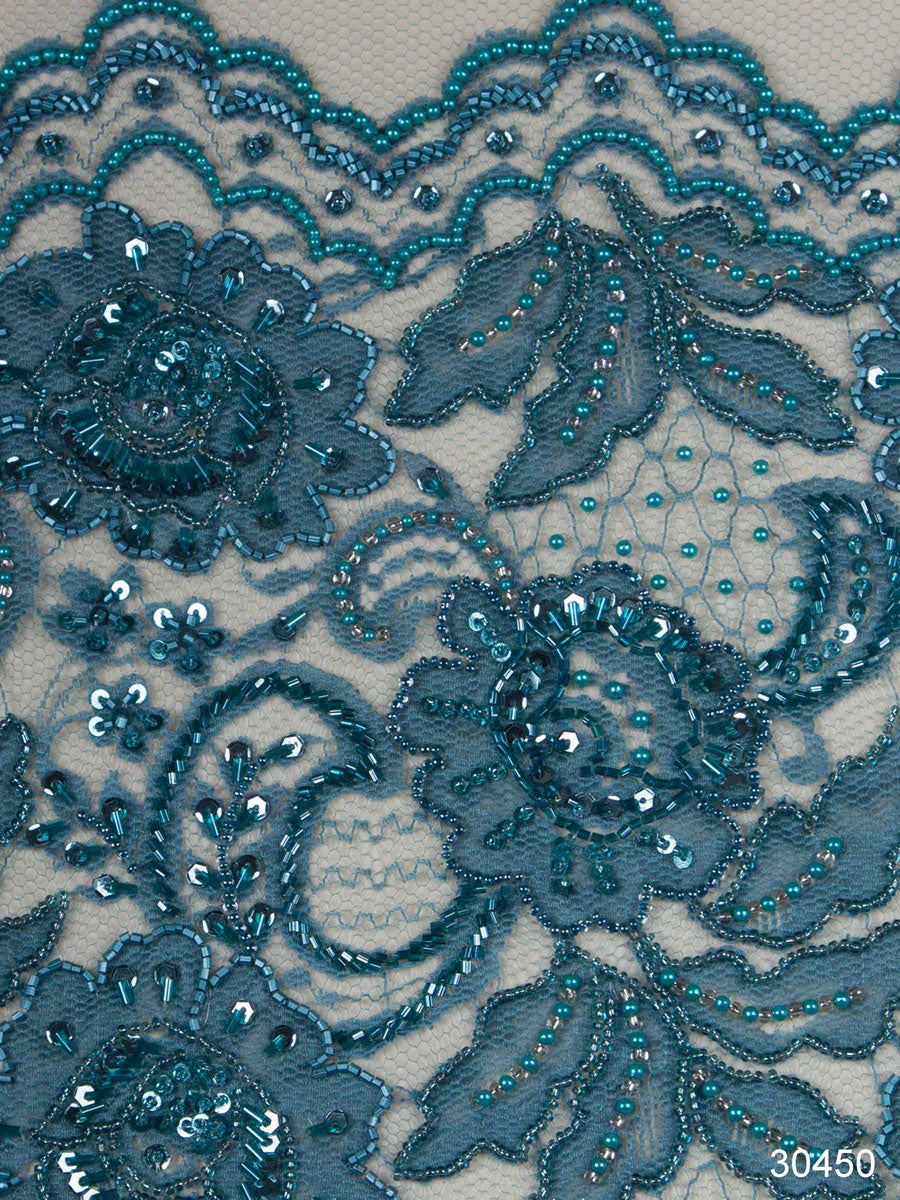 #30450 Serenity Sands: Hand-Beaded Lace Fabric Inviting You to Serene Shores with Delicate Beads and Sequins