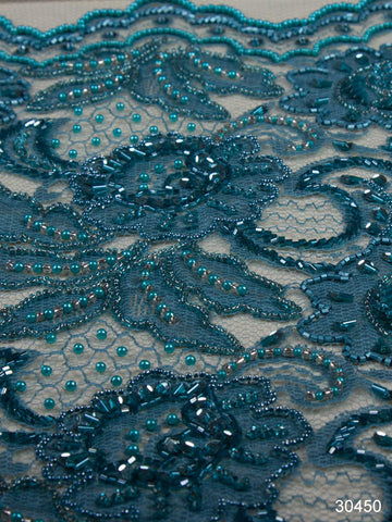 #30450 Serenity Sands: Hand-Beaded Lace Fabric Inviting You to Serene Shores with Delicate Beads and Sequins