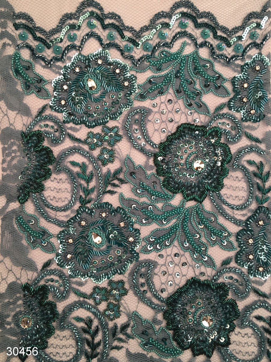 #30456 Radiant Riviera: Hand-Beaded Lace Fabric Evoking the Radiance of a Coastal Paradise with Beads and Sequins