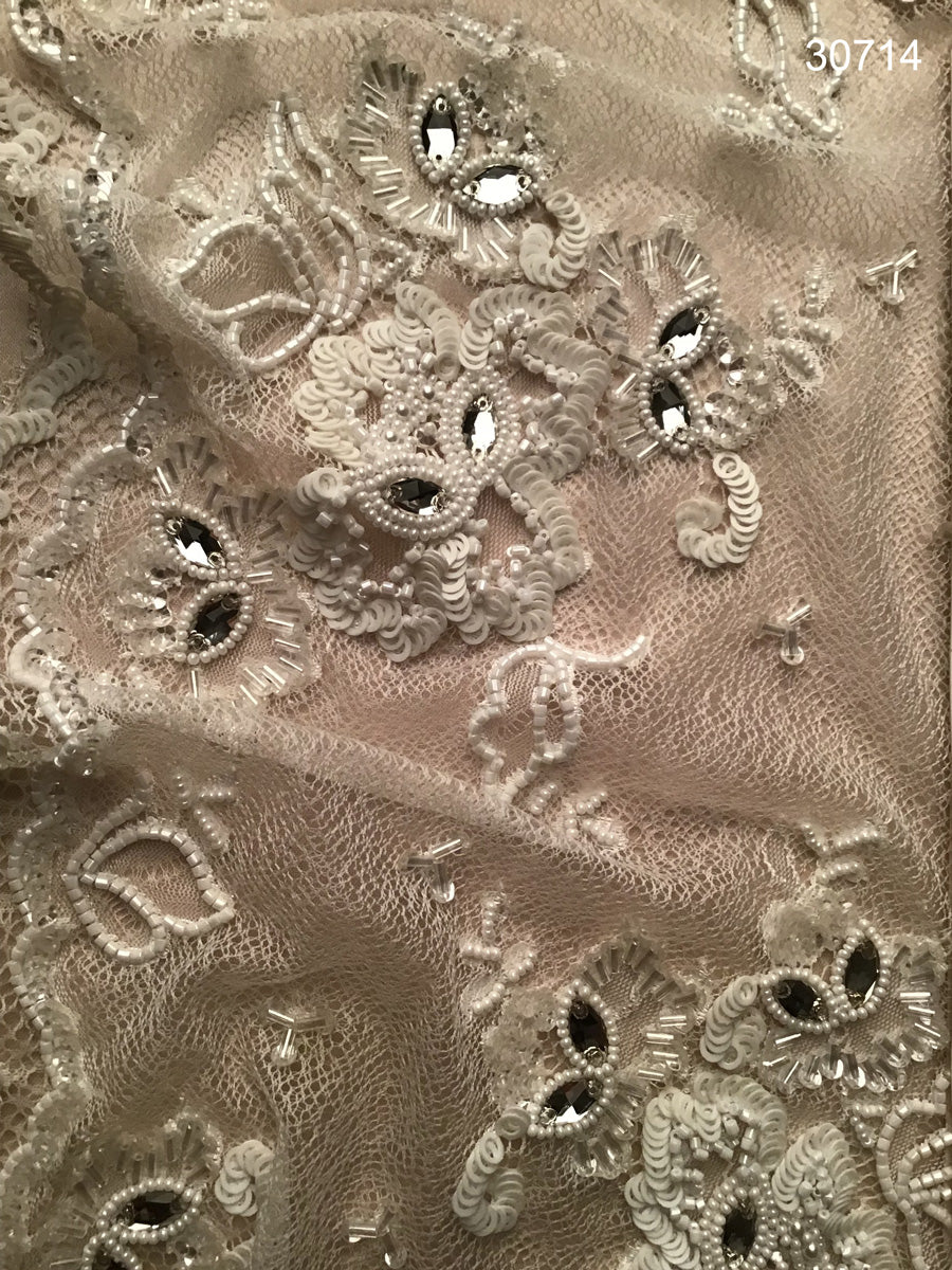 #30714 Whispering Winds: Hand-Beaded Lace Fabric with Delicate Beads and Sequins