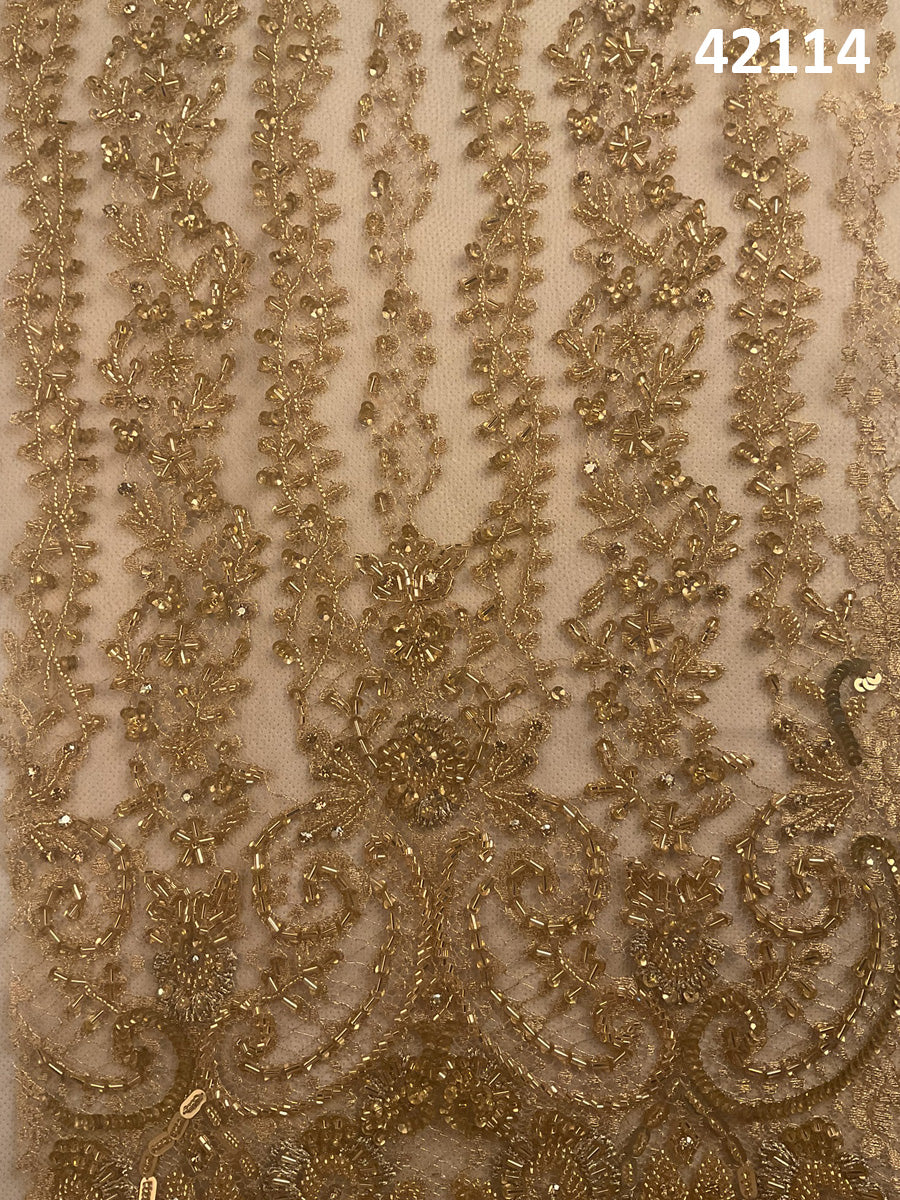 #42114 Dazzling Delights: Hand-Beaded French Lace Fabric Adorned with Captivating Beads and Sequins