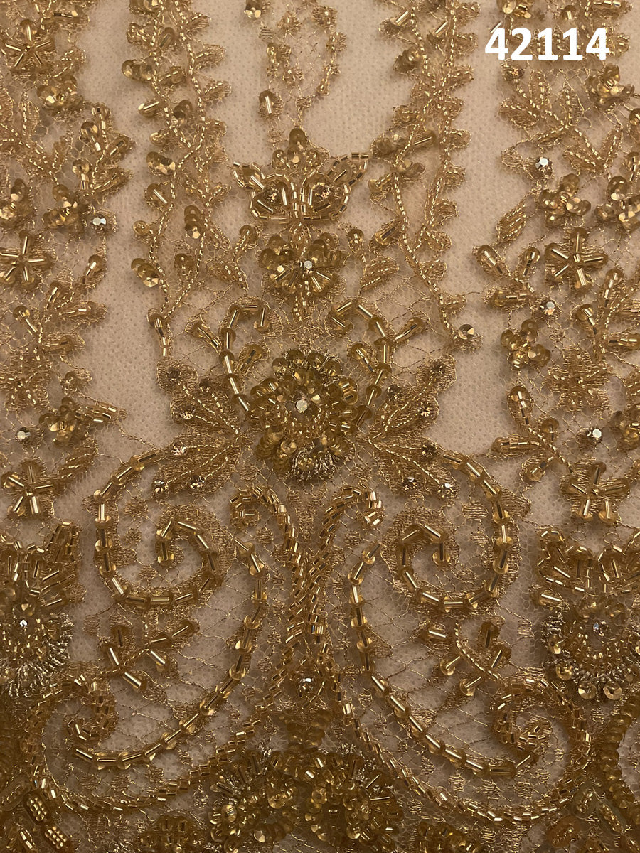 #42114 Dazzling Delights: Hand-Beaded French Lace Fabric Adorned with Captivating Beads and Sequins