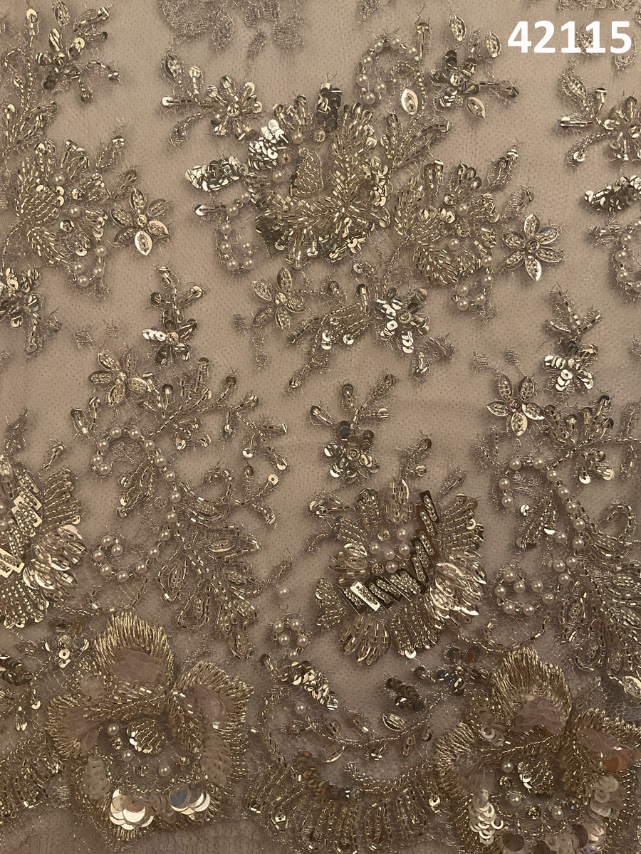 #42115 Whimsical Whispers: Hand-Beaded French Lace Fabric Whispering with Enchanting Beads and Sequins
