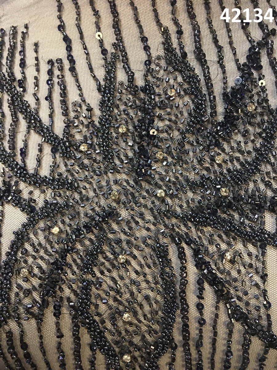 #42134 Whispering Winds: Hand-Beaded Fabric with Delicate Beads and Sequins