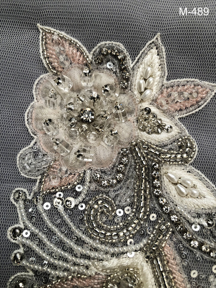 #M0489 Whispering Whimsies: Hand-Embellished Motif Applique with Delicate Beading and Glittering Sequins