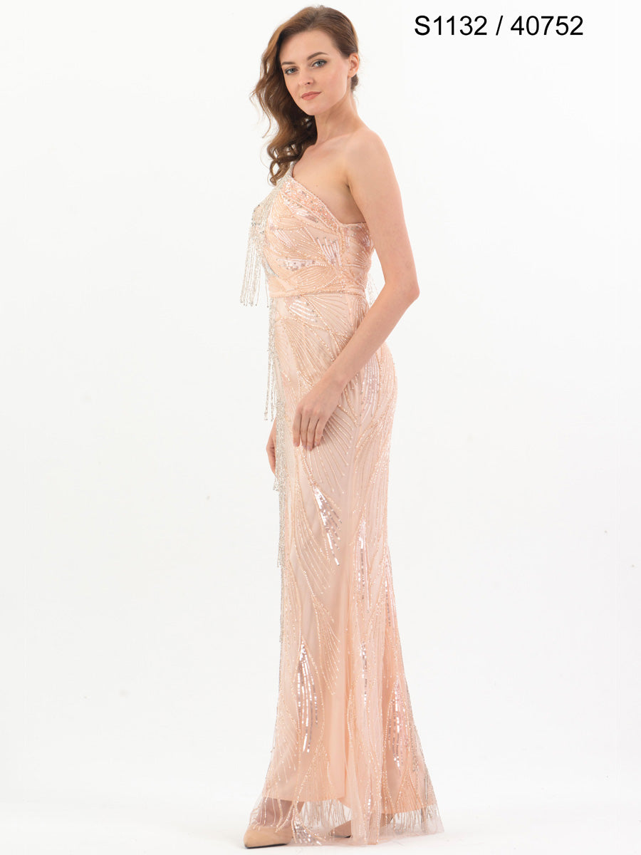 #S1132-40752 Fringe Flair: Exquisite Hand-Beaded Gown
