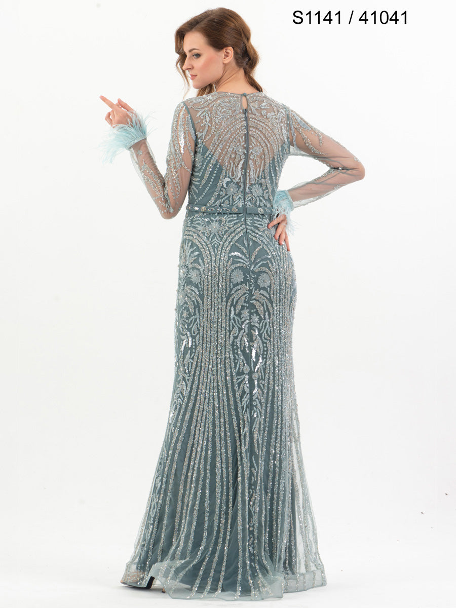#S1141-41041 Fringe Finesse: Sleeve Drama in Hand-Beaded Couture Gown