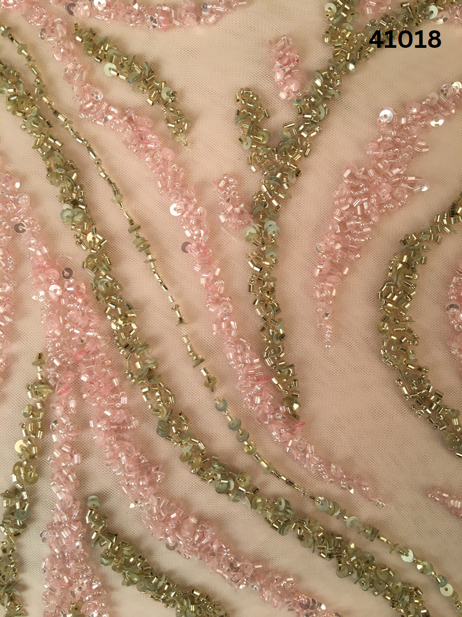 #41018R Stunning Hand-Beaded Fabric with Intricate Wavy Design Embellished with Shimmering Beads and Dazzling Sequins