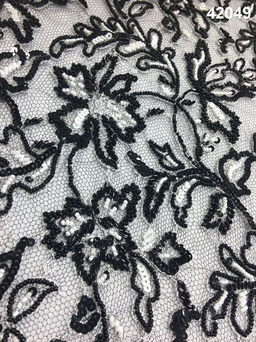 #42049 Radiant Rhapsody: Hand-Beaded French Lace Fabric Featuring Glistening Beads and Sequins