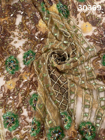 #30369 Artisan Hand-Beaded Fabric in Floral Design – Intricately Embellished with Sequins, Beads, and Rhinestones for Couture, Bridal, and Luxury Fashion Creations