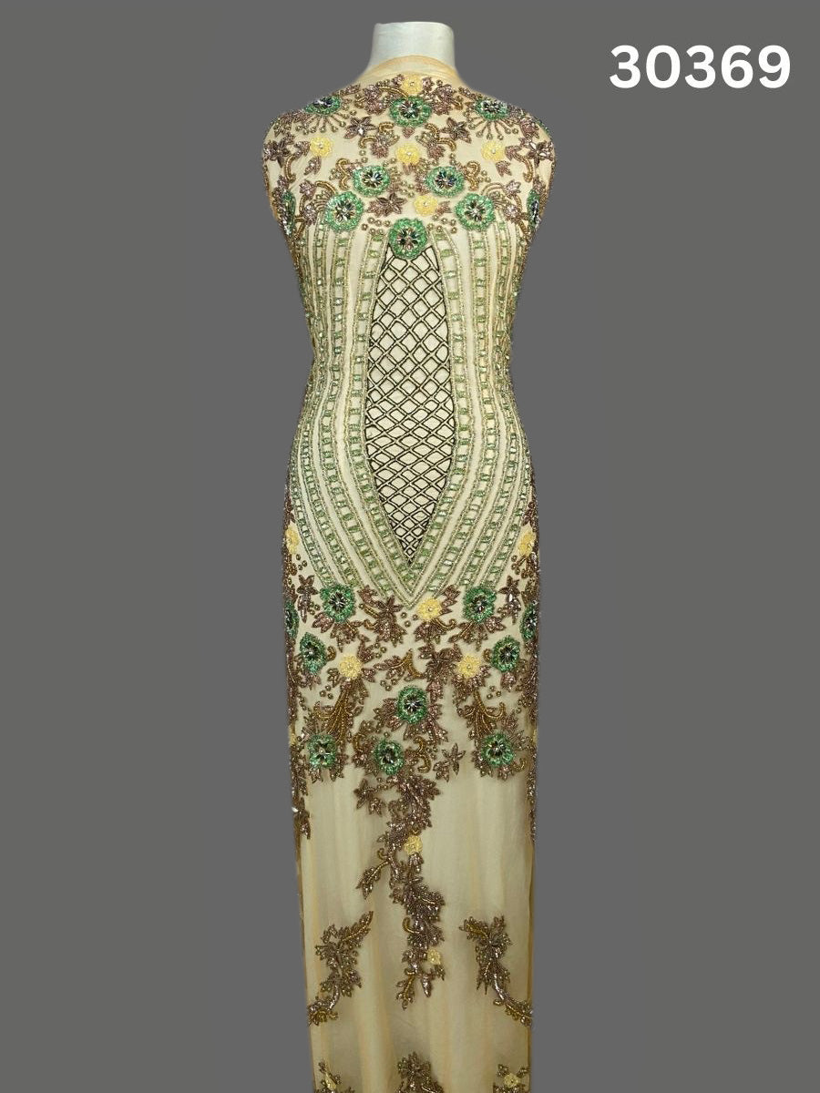 #30369 Artisan Hand-Beaded Fabric in Floral Design – Intricately Embellished with Sequins, Beads, and Rhinestones for Couture, Bridal, and Luxury Fashion Creations