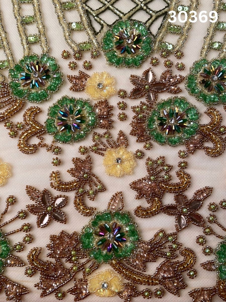 #30369 Artisan Hand-Beaded Fabric in Floral Design – Intricately Embellished with Sequins, Beads, and Rhinestones for Couture, Bridal, and Luxury Fashion Creations
