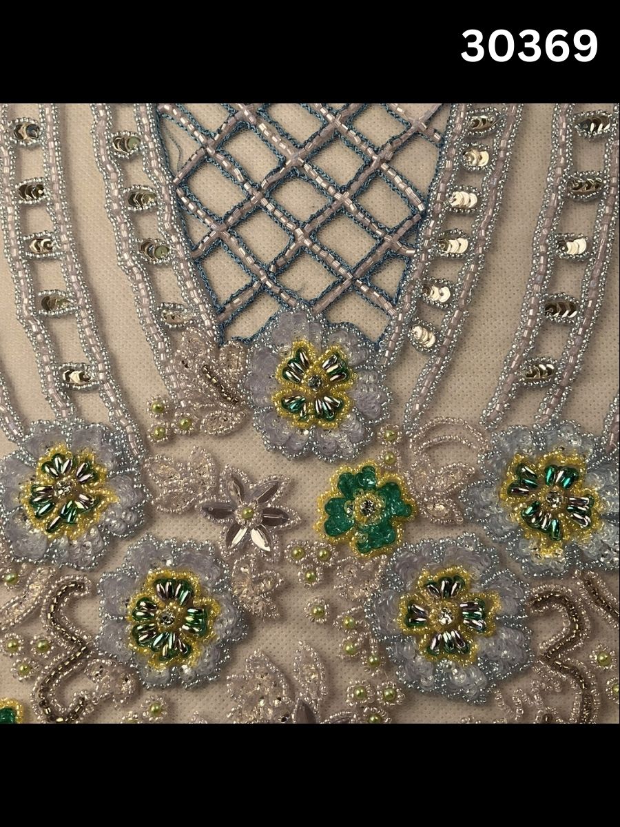 #30369 Artisan Hand-Beaded Fabric in Floral Design – Intricately Embellished with Sequins, Beads, and Rhinestones for Couture, Bridal, and Luxury Fashion Creations