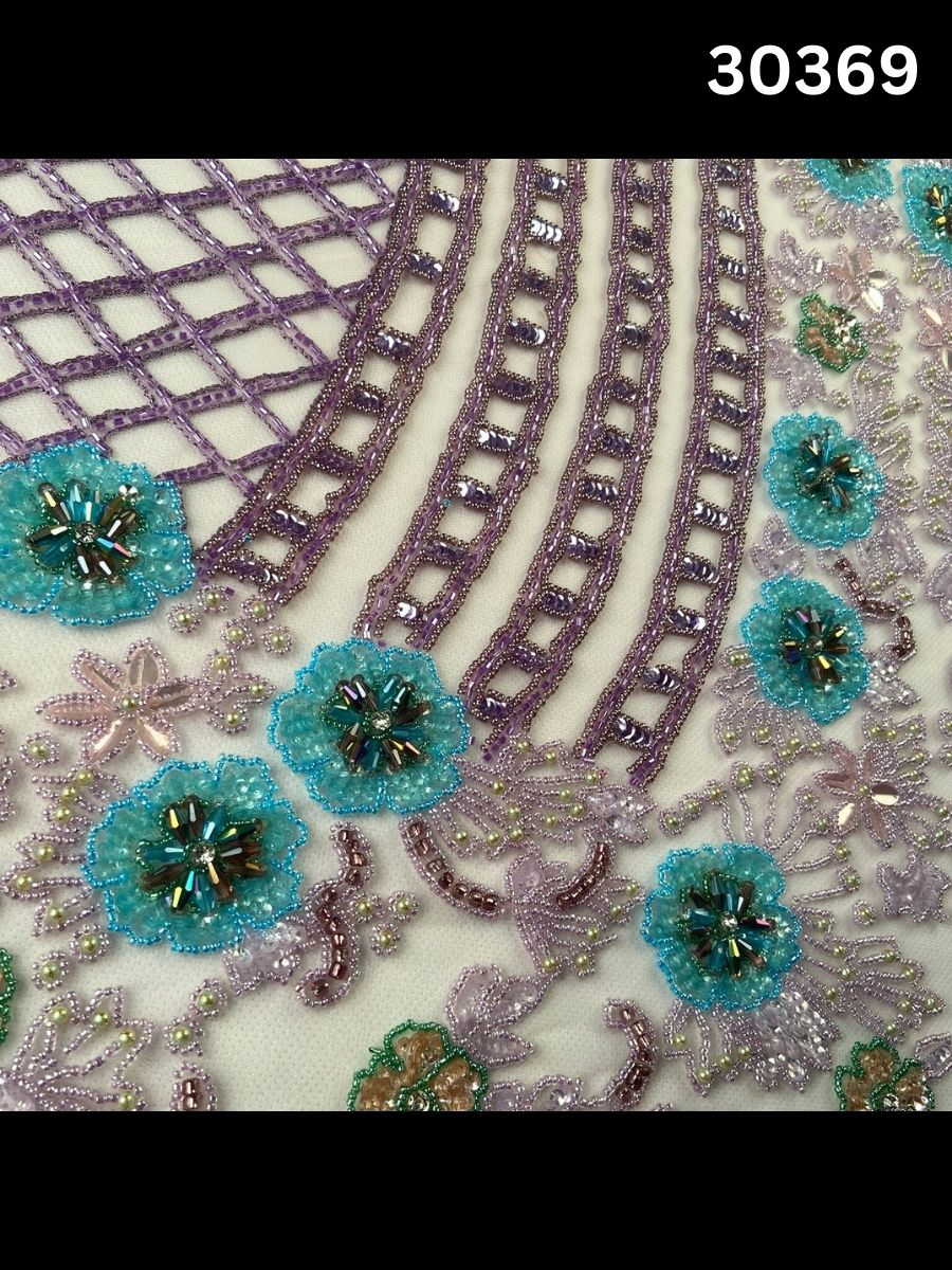 #30369 Artisan Hand-Beaded Fabric in Floral Design – Intricately Embellished with Sequins, Beads, and Rhinestones for Couture, Bridal, and Luxury Fashion Creations