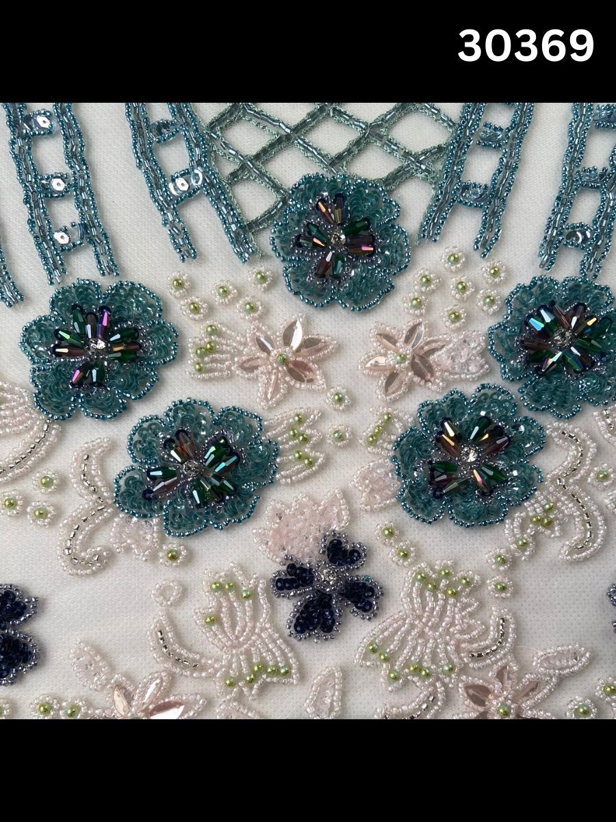 #30369 Artisan Hand-Beaded Fabric in Floral Design – Intricately Embellished with Sequins, Beads, and Rhinestones for Couture, Bridal, and Luxury Fashion Creations