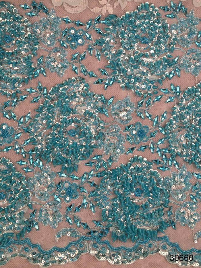 #30660 Glimmering Garden: Hand-Beaded Lace Fabric Blossoming with Glittering Beads and Sequins