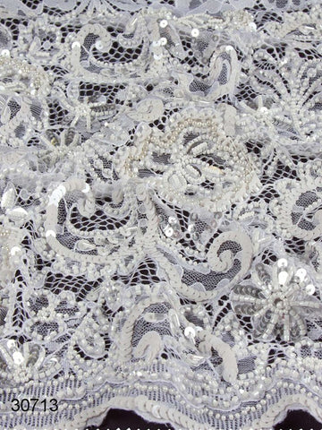 #30713 Whispering Winds: Hand-Beaded Lace Fabric with Delicate Beads and Sparkling Sequins