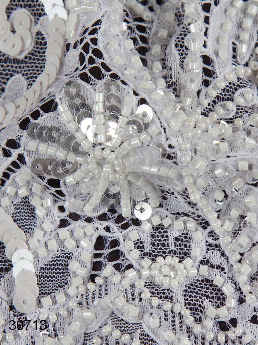 #30713 Whispering Winds: Hand-Beaded Lace Fabric with Delicate Beads and Sparkling Sequins