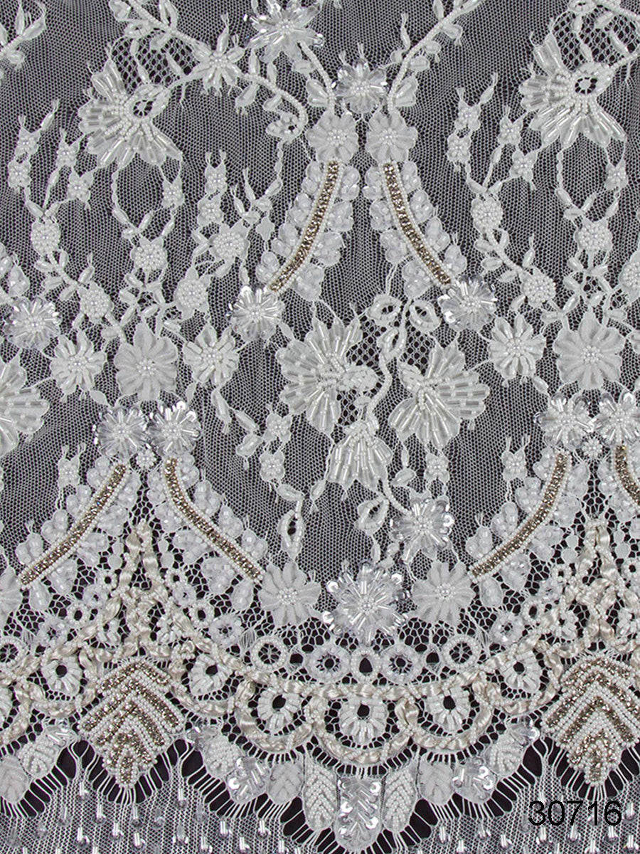 #30716 Radiant Rhapsody: Hand-Beaded Lace Fabric Featuring Glistening Beads and Sequins