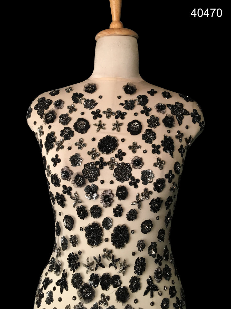 #40470 Serenity Sands: Hand-Beaded Textile Evoking Tranquil Sands with Delicate Beads, Vivid Rhinestones and Sequins