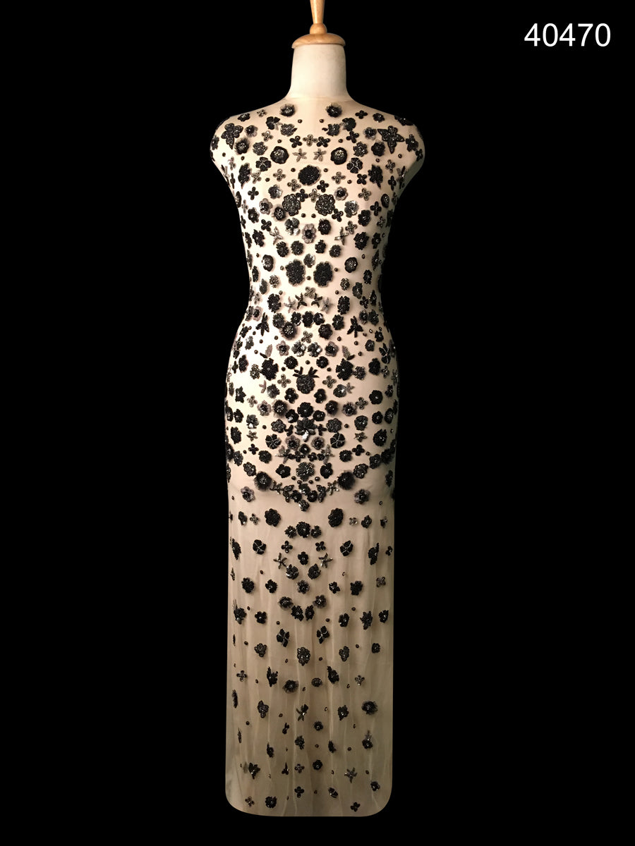 #40470 Serenity Sands: Hand-Beaded Textile Evoking Tranquil Sands with Delicate Beads, Vivid Rhinestones and Sequins