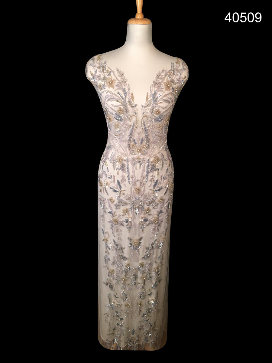 #40509 Gilded Garden: Handmade Dress Panel Adorned with Gilded Floral Beads and Lustrous Sequins