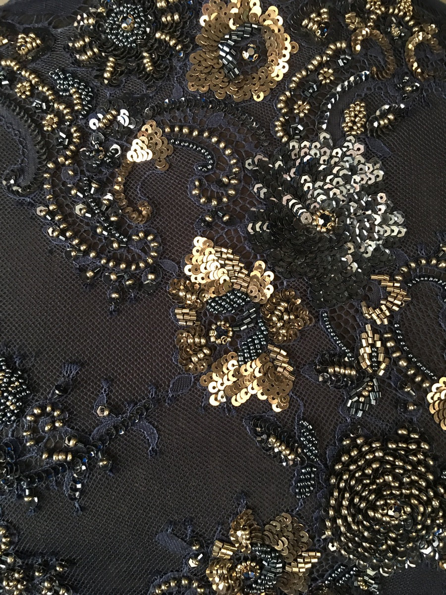 #40537 Enigmatic Enchantment: Hand-Beaded Lace Fabric Enveloped in Mysterious Beads and Sequins