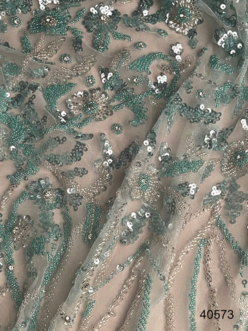 #40573 Glimmering Grace: Hand-Beaded Fabric Exuding Grace with Glowing Beads, Sequins and Vibrant Rhinestones