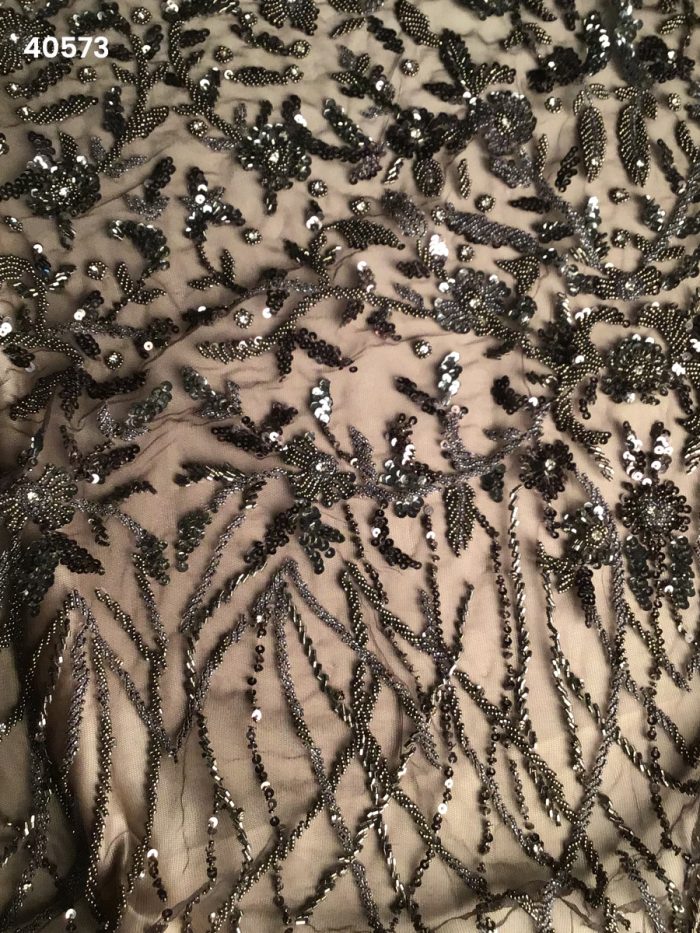 #40573 Glimmering Grace: Hand-Beaded Fabric Exuding Grace with Glowing Beads, Sequins and Vibrant Rhinestones