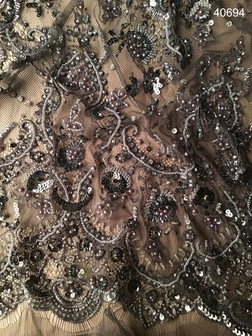 #40694 Whirlwind Wonder: Hand-Beaded Lace Fabric Whirling with Mesmerizing Beads and Sequins
