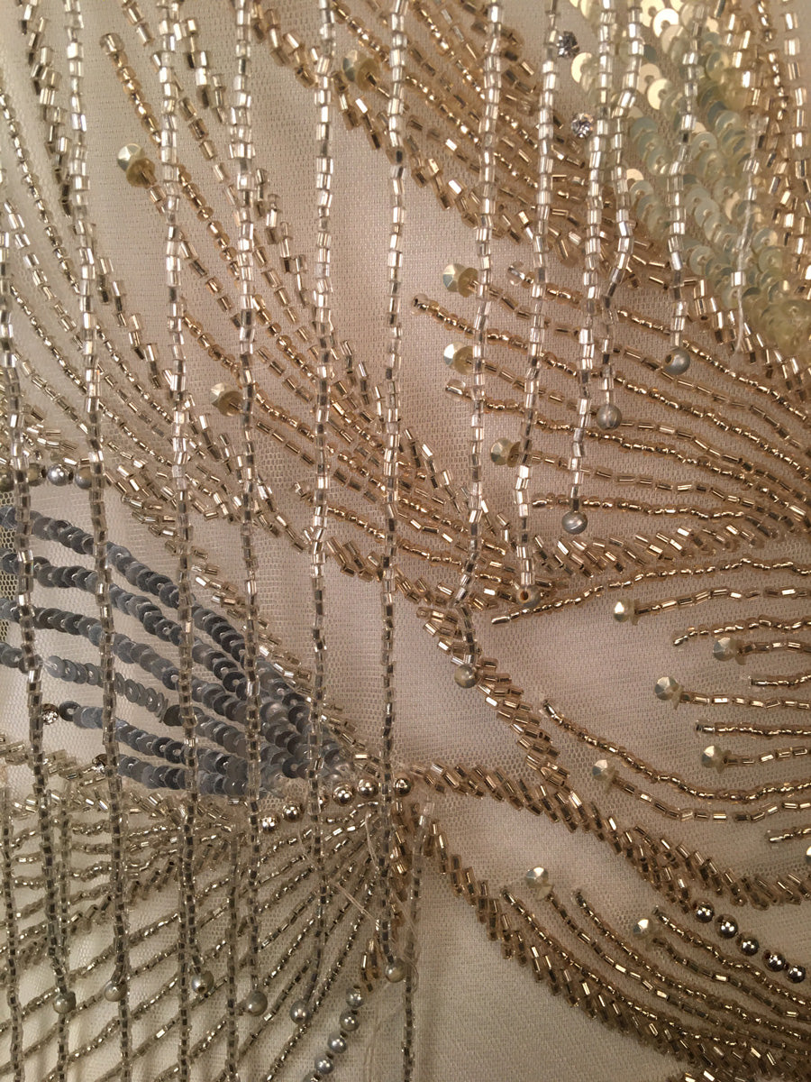 #40752 Enchanted Forest: Hand-Beaded Dress Panel featuring Nature-Inspired Beads and Shimmering Sequins