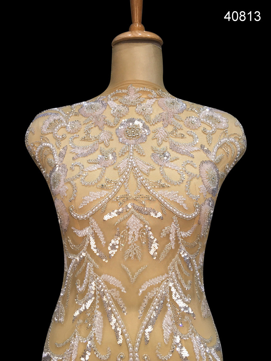 #40813 Serenity Symphony: Hand-Beaded Fabric Unleashing a Harmonious Symphony of Beads and Sequins