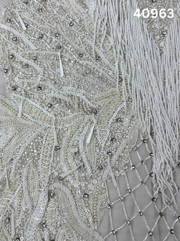 #40963 Ivory Hand-Beaded Fabric with Rhinestones, Beads & Sequins