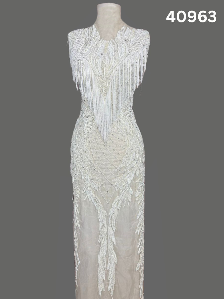 #40963 Ivory Hand-Beaded Fabric with Rhinestones, Beads & Sequins