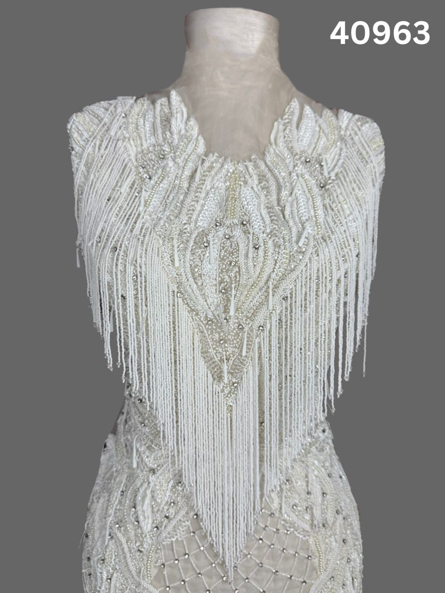#40963 Ivory Hand-Beaded Fabric with Rhinestones, Beads & Sequins