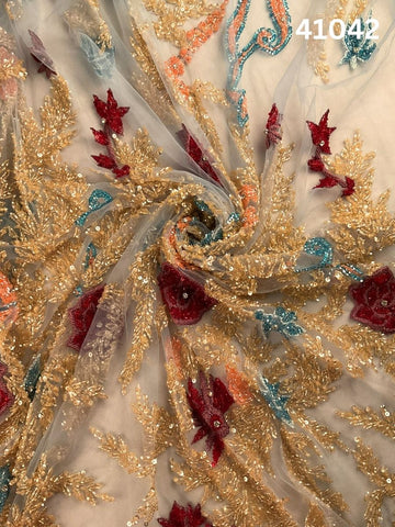 #41042 Intricately Hand-Beaded Fabric in Floral Design – Lavishly Embellished with Sequins, Beads, Thread Work, and Rhinestones for Bridal, Couture, and Designer Fashion