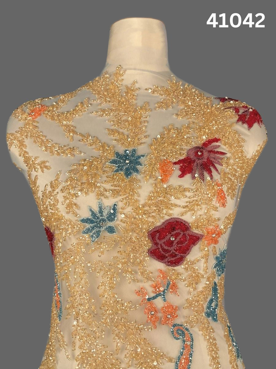 #41042 Intricately Hand-Beaded Fabric in Floral Design – Lavishly Embellished with Sequins, Beads, Thread Work, and Rhinestones for Bridal, Couture, and Designer Fashion