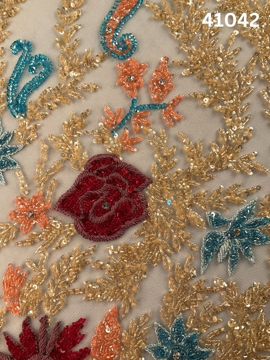 #41042 Intricately Hand-Beaded Fabric in Floral Design – Lavishly Embellished with Sequins, Beads, Thread Work, and Rhinestones for Bridal, Couture, and Designer Fashion
