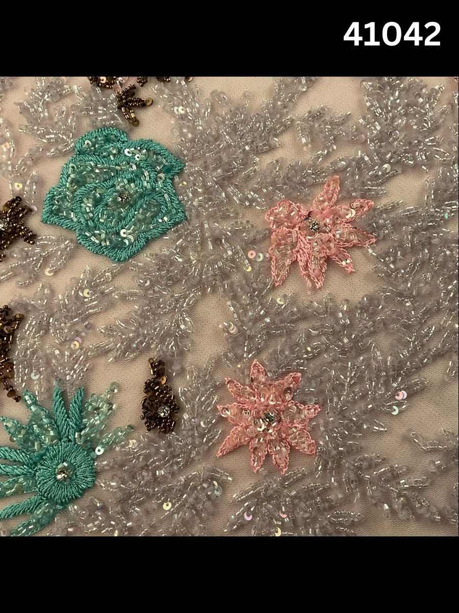 #41042 Intricately Hand-Beaded Fabric in Floral Design – Lavishly Embellished with Sequins, Beads, Thread Work, and Rhinestones for Bridal, Couture, and Designer Fashion