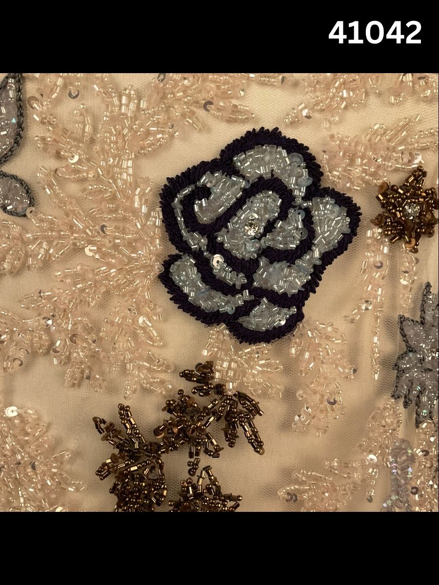 #41042 Intricately Hand-Beaded Fabric in Floral Design – Lavishly Embellished with Sequins, Beads, Thread Work, and Rhinestones for Bridal, Couture, and Designer Fashion