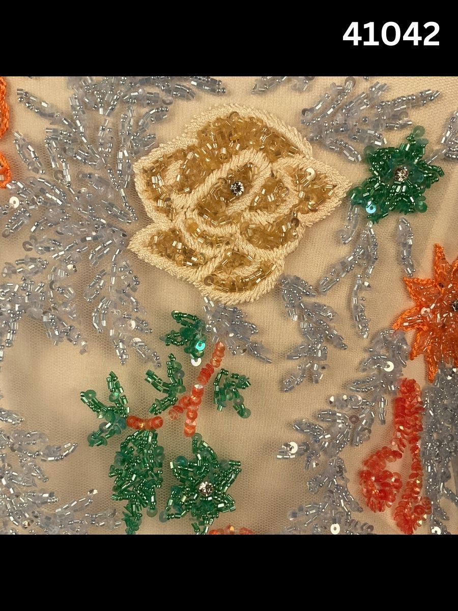 #41042 Intricately Hand-Beaded Fabric in Floral Design – Lavishly Embellished with Sequins, Beads, Thread Work, and Rhinestones for Bridal, Couture, and Designer Fashion