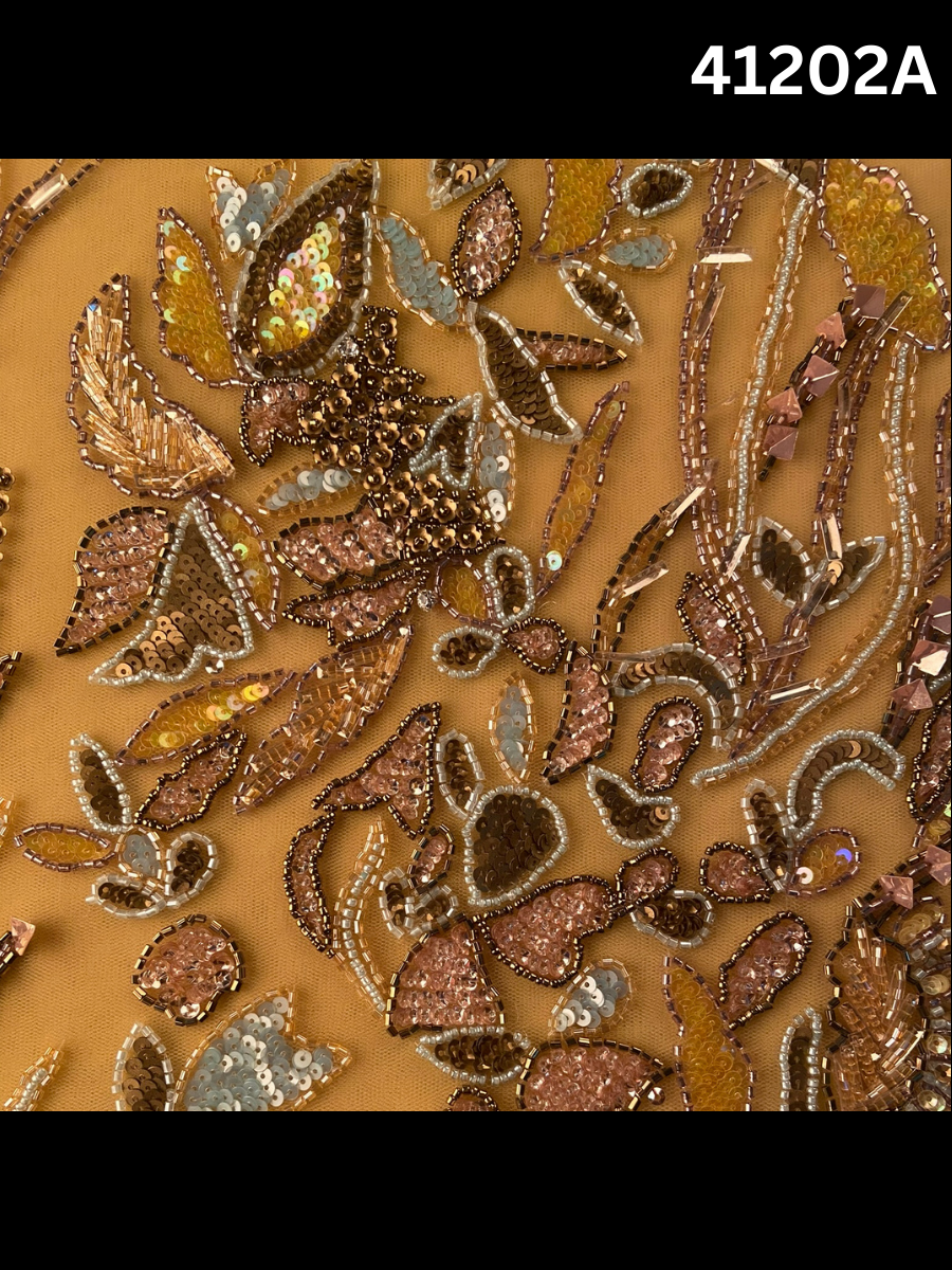 #41202A Luxurious Hand-Beaded Fabric in Floral Design – Exquisitely Embellished with Exotic Beads and Sequins for Couture, Bridal, and Statement Fashion Pieces