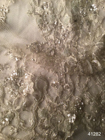 #41282 Opulent Oasis: Hand-Beaded Lace Fabric Creating an Oasis of Opulence with Beads and Sequins