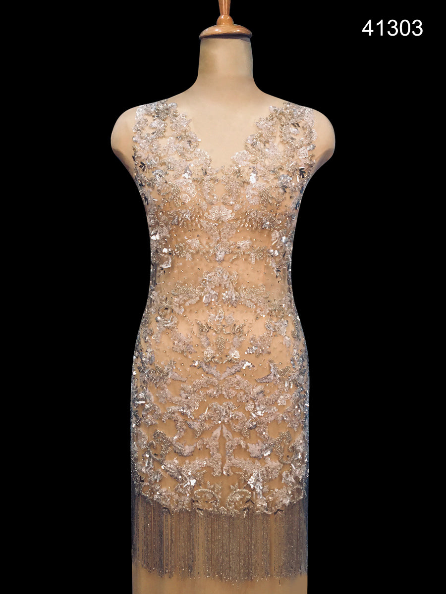 #41303 Beaded Beauty: Handcrafted Dress Panel with Exquisite Beadwork and Shimmering Sequin Accents