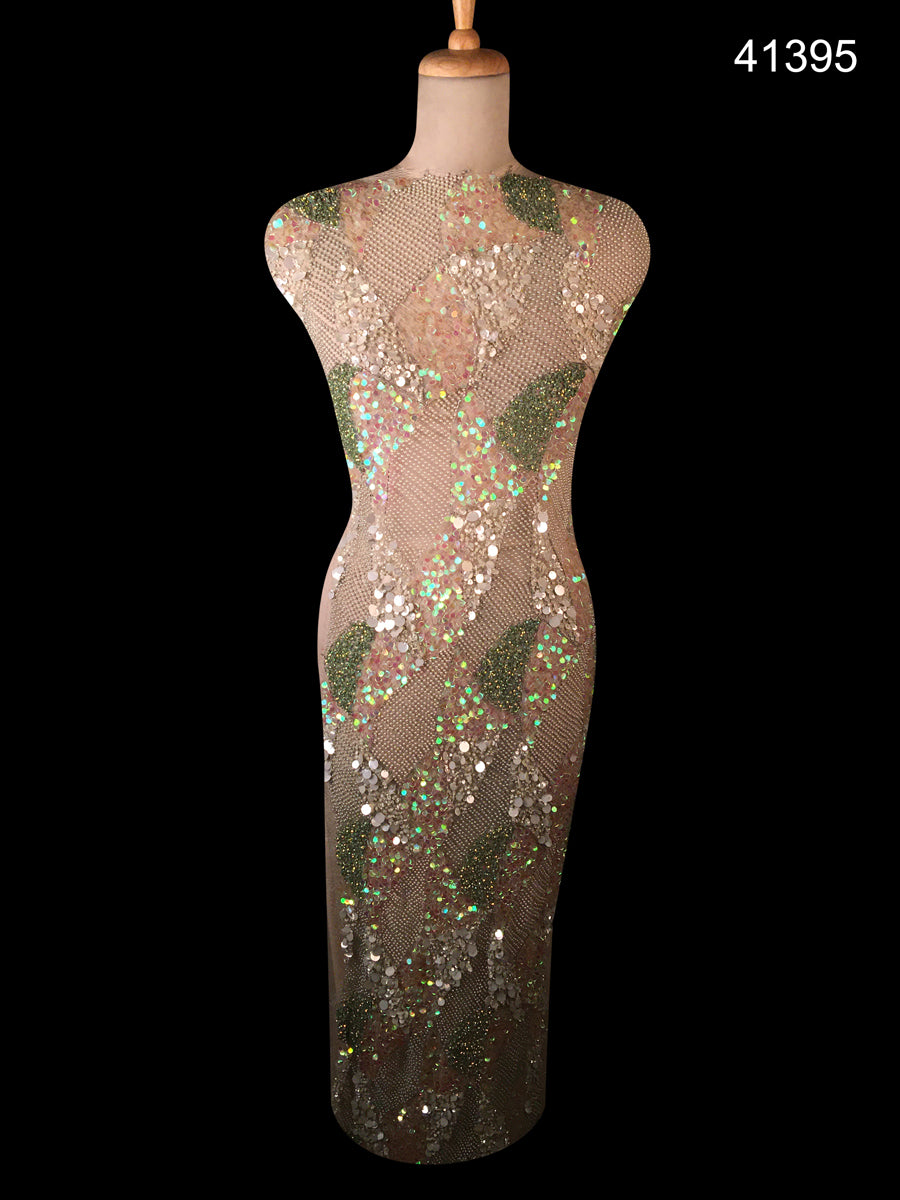 #41395 Ethereal Essence: Hand-Beaded Fabric Exuding an Ethereal Essence with Shimmering Beads and Sequins