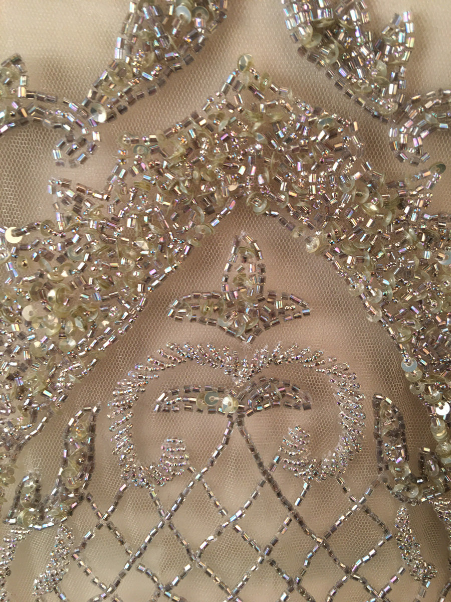 #41608 Intricate Iridescence: Hand-Beaded Dress Panel with Exquisite Beads and Mesmerizing Sequins