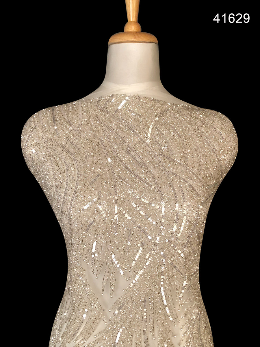 #41682 Ethereal Essence: Hand-Beaded Fabric Exuding an Ethereal Essence with Shimmering Beads and Sequins