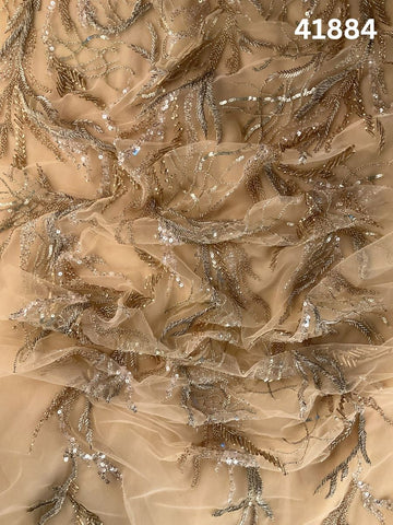 #41884 Gold & Silver Hand-Beaded Fabric with Intricate Thread work, Beads & Sequins