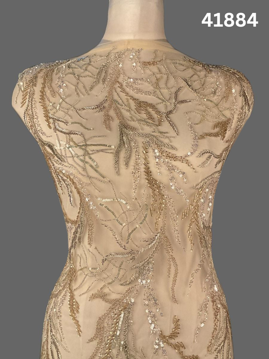 #41884 Gold & Silver Hand-Beaded Fabric with Intricate Thread work, Beads & Sequins